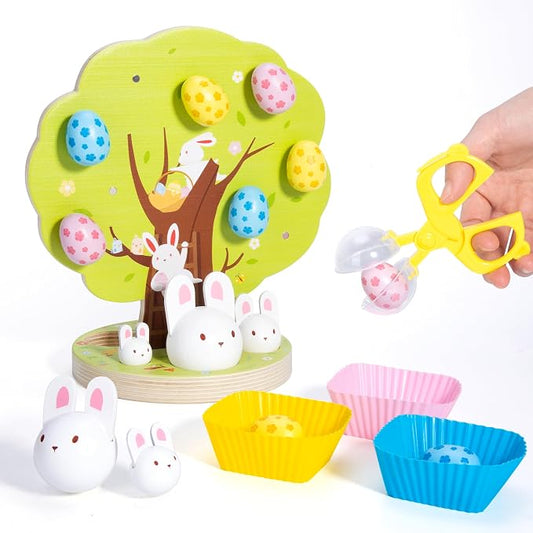 Easter Toys for Toddlers, Magnetic Easter Eggs, Picking Easter Bunny Toy, Montessori Toys for 3 4 5 6 Year Old, Wooden Sensory Color Sorting Toys, Spring Easter Basket Stuffers Gifts for Kids