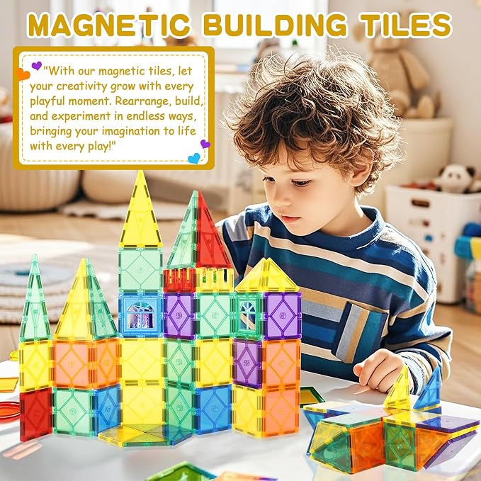URBAN TOYS 100-Piece Magnetic Tiles for Kids Ages 3+ - STEM Building Blocks, Creative Construction Toy, Magnetic Tiles Blocks for Learning and Play Preschool Kids Games