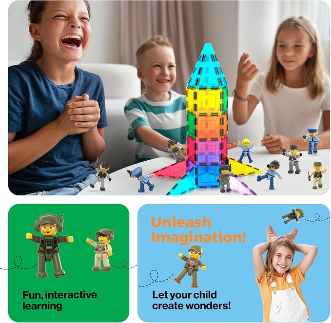 Picasso Toys Magnetic Action Figures Character Law Enforcement for Construction Building Block Tiles Toy Set Magnet Expansion Variety Pack Educational STEM Learning Kit Pretend Playset PTA12