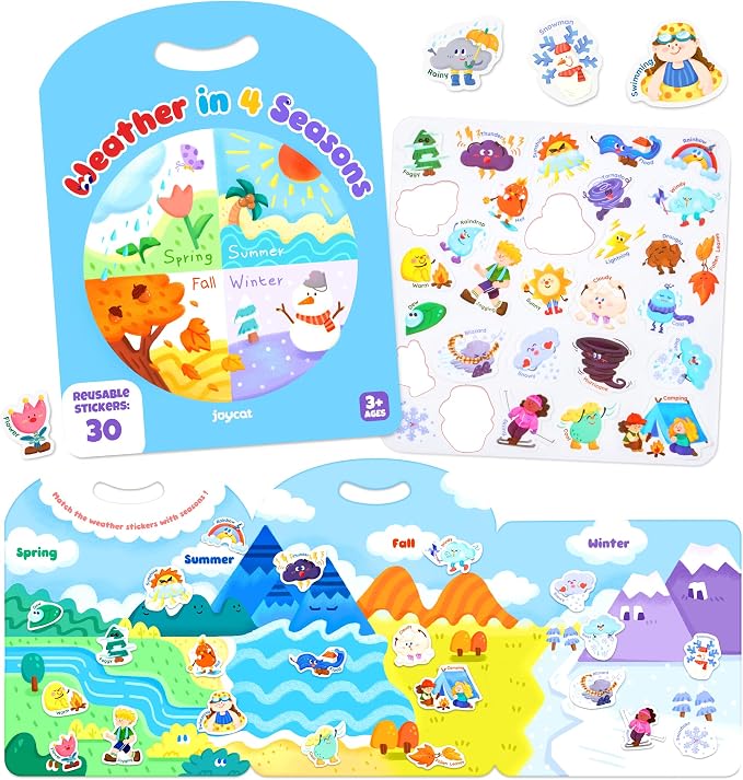 JoyCat Reusable Weather Theme Sticker Book, Travel Toys for Toddlers & Kids | Washable stickers make a kids' activity book for car, airplane and road trips; educational birthday gifts for boys and girls.
