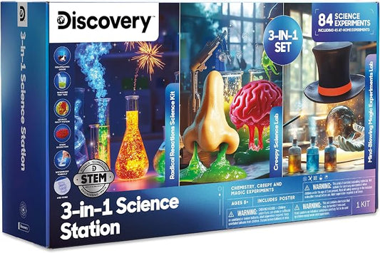 Discovery 3-in-1 Science Station for Kids| 84 Science Experiment Kit| Erupting Volcano, Glow Slime, Brain Dissection, Magic Potions| STEM Chemistry Activity Set| Educational Learning Toy| Gift Ages 8+