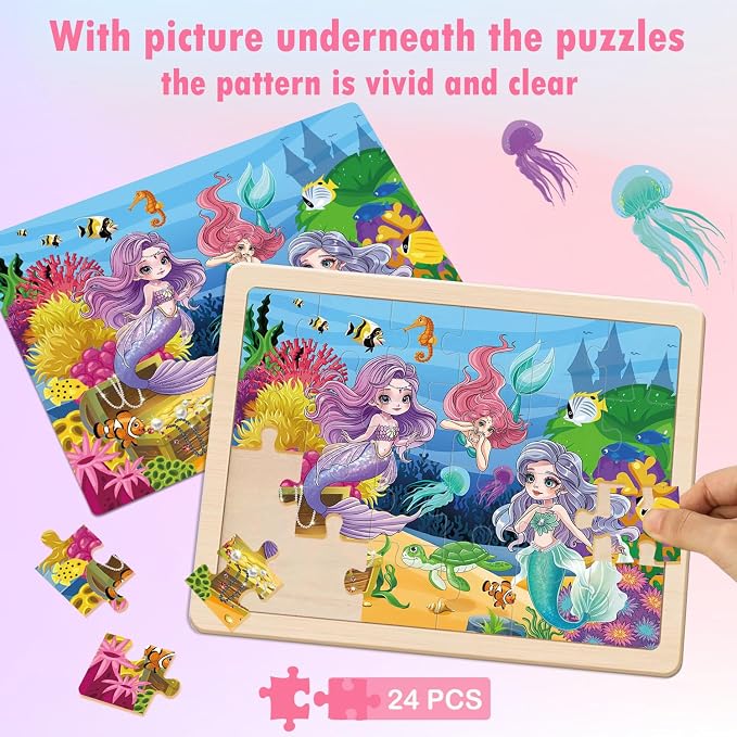 Puzzles for Kids Ages 4-6, 4x24 PCs Unicorn Princess Mermaid Wooden Puzzles | Unicorn Puzzles for Toddlers & Kids Ages 3-5, Preschool Educational Puzzles Toys, Birthday Gifts Set for Girls