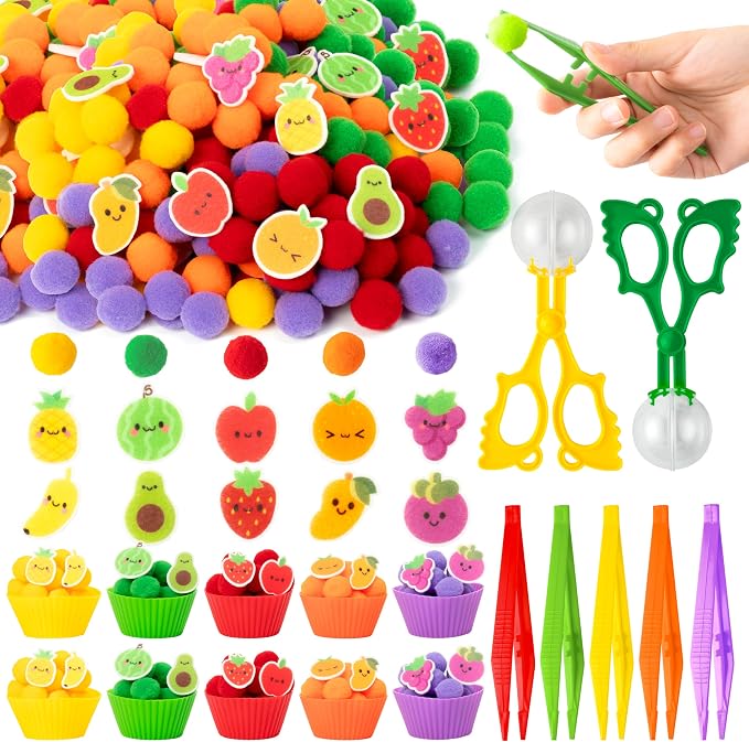 EZdhuawuse Summer Sensory Bin Fillers - 268P Summer Fruit Fine Motor Toys Counting Sorting for Kids, Color Sorting Set with Felt Banana Pom Poms Cup Clip for Preschool Education Birthday Party Favors