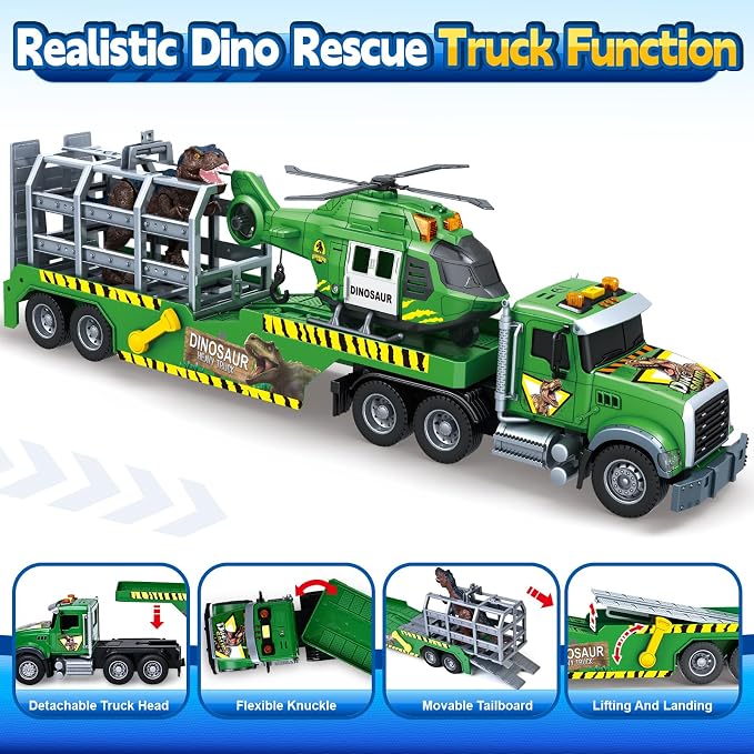 Bstoyder Toddler Boy Toys for 3 4 5 6 7 Years Kids, 21" Semi Flatbed Truck Toy with a Dinosaure Truck, Friction Powered Vehicles Toys with Lights and Sounds, Birthday for Boy Girls