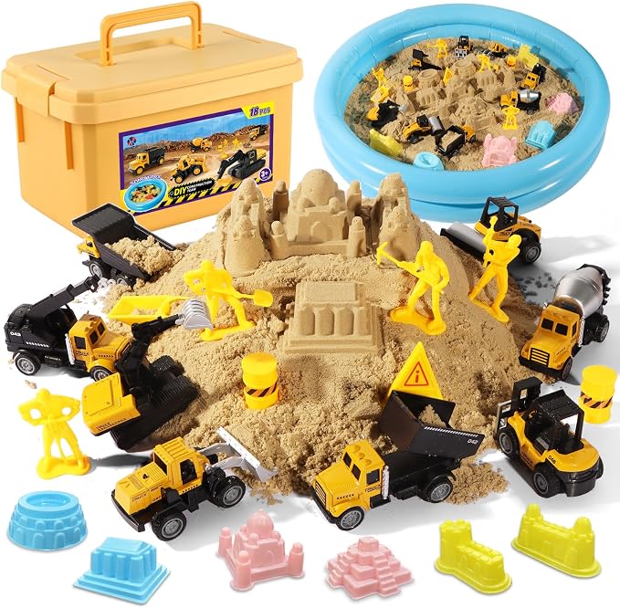 HONGTUO Play Construction Sand Kit, 2.2lbs Magic Sand, Inflatable Sandbox | 8 Alloy Construction Vehicles, 8 Worker Figures, Road Signs, 6 Castle Molds, Storage Box, Sensory Toys, Gift for Kids Ages 3+