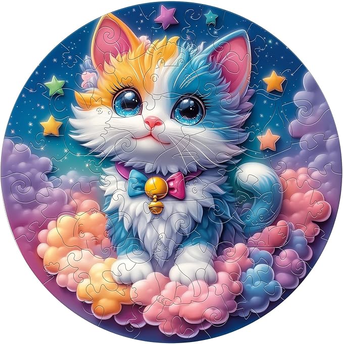 Rainbow Wooden Puzzles for Kids - Celestial Kitten | 50 Piece Puzzles for Kids Ages 6-8, Kids Puzzles with Unique Animal Shapes, Round Gift for Girls and Boys (11.4 * 11.4 in)