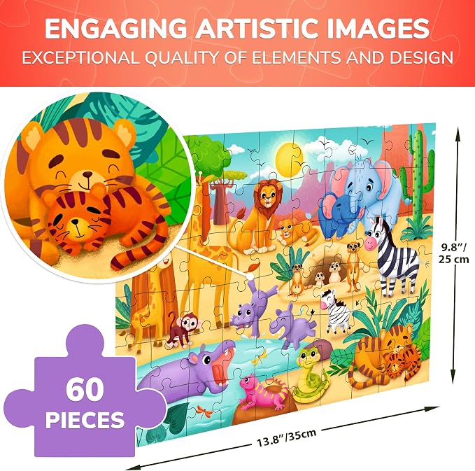 QUOKKA Puzzles for Kids Ages 4-6 – 60 Piece Jigsaw Puzzles for Toddlers Ages 3-5 with African Animals – Quiet Time Toy for Preschoolers 2-4 – FSC Certified Educational Learning Game for Boys and Girls