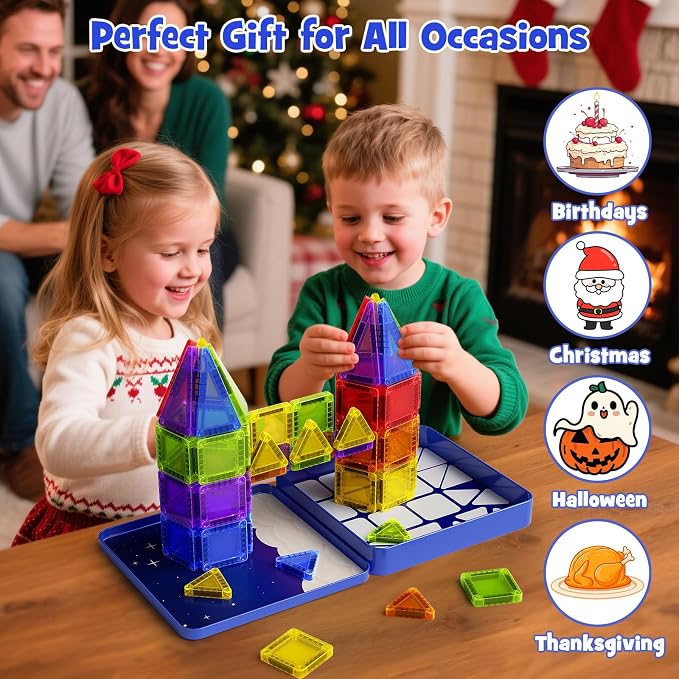 Mini Magnetic Tiles Travel Kit: 60Pcs Airplane Activities & Road Trip Toys | Visual Storage Box & Metal Play Base - Portable STEM Sensory Building Blocks for Toddlers & Kids Ages 3-8