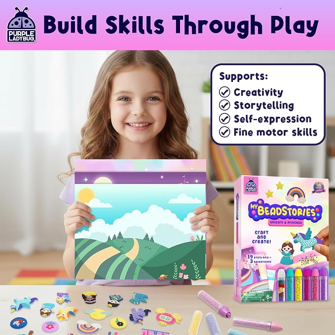 Unicorn Princess BeadStories - Magical Beads Painting Kit For Kids, Bead Mosaic Art Birthday Gift For Girls Ages 4 5 6 7 8-12 Years Old, Fun Craft Activity Kit, Summer Activities for Kids