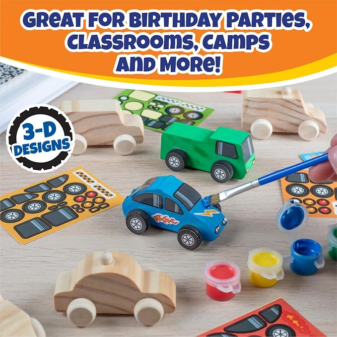 Kids Paint Your Own Wooden Car Craft Kits (12 Pack) – DIY Wood Painting Art Kits, Individually Wrapped w Paint, Brush & Bonus Decal Stickers – Party Favors, Classroom Crafts, Bulk Kids Activities