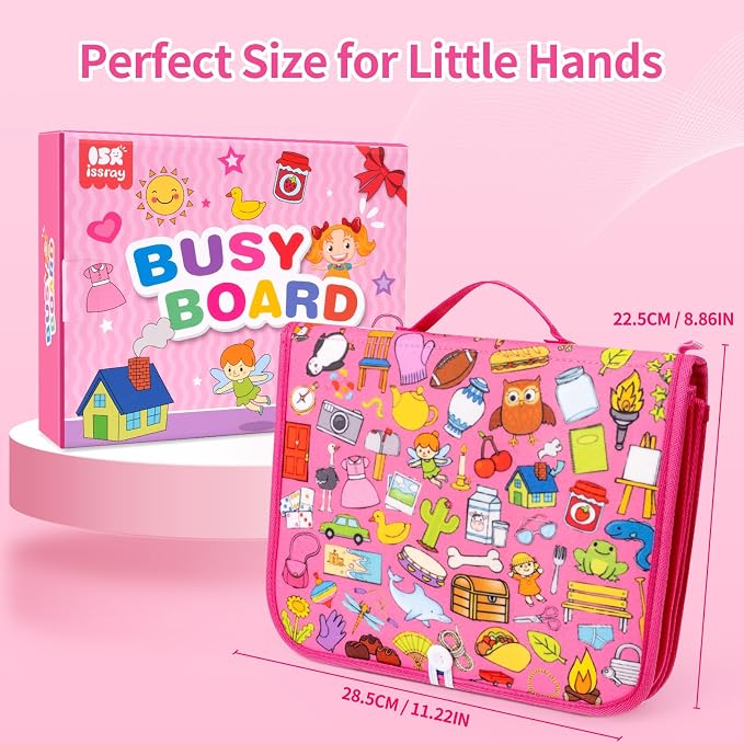 Toddler Busy Board, Montessori Busy Book, Quiet Educational Activity Book | 12-Page Learning Sensory Toys for Motor Skills, Toddlers Travel Toy for Car Airplane, Girl Kids Birthday Gifts (Pink)