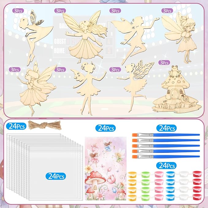 Saypacck 24 Pcs Fairy Birthday Party Favors Wooden Paint Craft Kits | Fairy Theme for Goodie Bags, Organza Bag Packaging, Kids Party Activity, Wooden Ornaments DIY