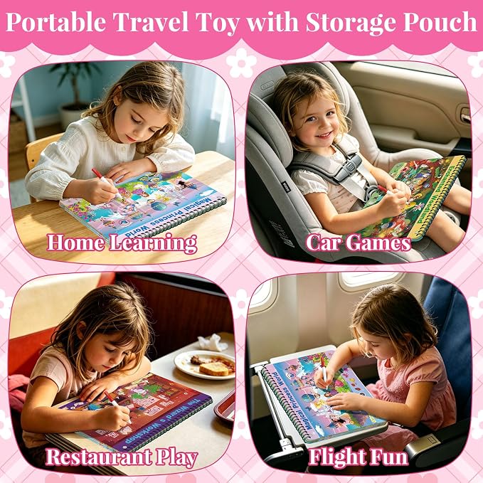 Elfew Search and Find Reusable Activity Book for Girls 3-5, 4-8 | 24 Unique Themed, With 2 Markers, Wipe Cloth & Storage Pouch, Quiet Travel Toy Gift for Toddler Kids 3-8