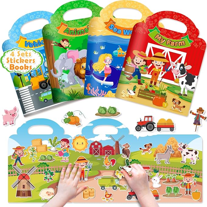 4 Sets Reusable Sticker Books for Toddler 1-3, Activity Books for Toddlers 2-4, Arts Crafts Jelly Stickers Travel Toys for Kids 3-5, Holiday and Birthday Gifts Easter Basket Stuffers for Boys Girls