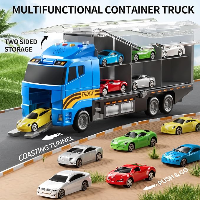NIPLOOOW Toddler Boys Toys for 3 4 5 6 Years Old, Truck Vehicle Set with Play Mat and Die-Cast Toy Car, Transport Carrier Truck for Kids, Birthday Gifts Toys for 3 4 5 6 7 8+ Year Old Boys