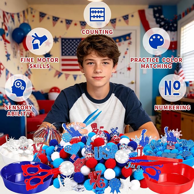 361Pcs Independence Day Sensory Bin Filler Independence Day Fine Motor Bin Item Includes Tweezers Scissor Pom Poms Stars Hearts Resin for 4th of July Counting Decor Motor Skills Development