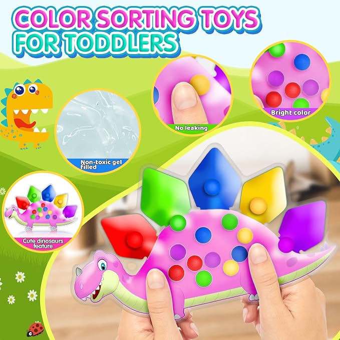 UIIOPJIOM 2PC Pink Dinosaur Color Sorting Sensory Toys for Toddler Girl, Montessori Toy Game Learning Activities Quiet Calm Down Fidgets for Classroom Gifts for 3 4 5 Year Old Easter Basket Stuffer
