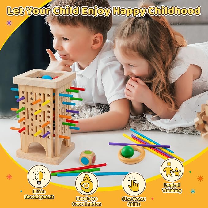 Montessori Game Wooden Board Game, Colorful Wooden Sticks Dice Game Math Educational Toys for 3 4 5 6 Years Old, Fine Motor Skills Toys & Counting Toy Family Game Travel Toys Gifts for Kids