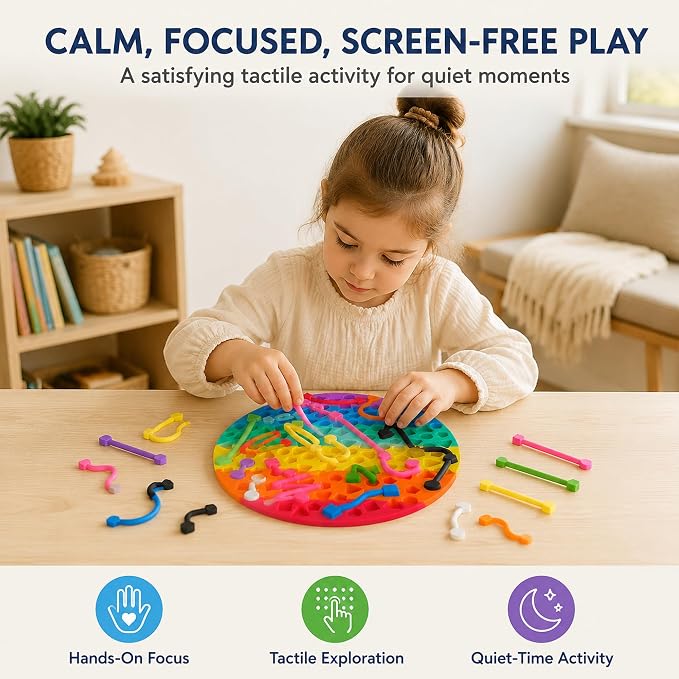 2 Pack Sensory Activity Board, Stress Relief Silicone Quiet Toddler Sensory Toy, Silicone Sensory Activity Board, ADHD & Autism Sensory Toys for Kids & Adults |with a Travel Bag & 24 Strin(C)