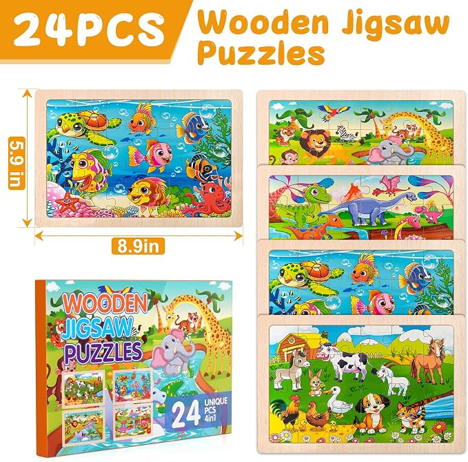 4 Pack Wooden Animal Jigsaw Puzzles for Kids Toddler Puzzles Gift | Sensory Toys, Preschool Educational Toys, Toddler Puzzles Gift Boys Girls