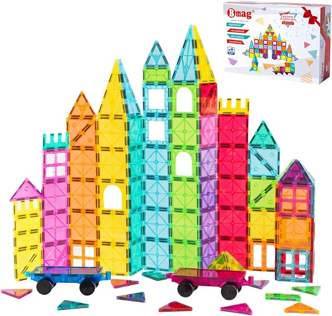 Bmag Magnetic Tiles Building Blocks Set with 2 Cars 100Pcs, Designed for Open-Ended Building and Versatile Play, Gifts for STEM Support and Parent-Child Interaction for Kids Aged 3+
