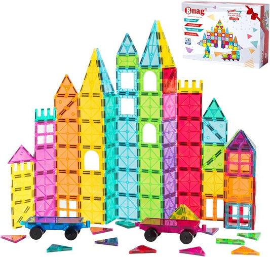Bmag Magnetic Tiles Building Blocks Set with 2 Cars 100Pcs, Designed for Open-Ended Building and Versatile Play, Gifts for STEM Support and Parent-Child Interaction for Kids Aged 3+