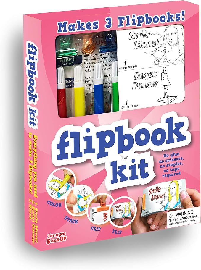 Fliptomania Flipbook Make-Your-Own Flip Book Kit for Kids 3 Pack, Mona Lisa, Degas Dancer , & Blank DIY Flipbook Paper, Drawing Kids Arts & Crafts Project Set, Arts and Crafts for Kids Ages 8-12