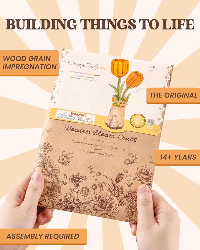 rowood Orange Tulip Wooden Flower,DIY Artifical Flower Building Set Craft Kit for Adults,Mother's Day/Valentine's Day for Mom/Women/Grandma
