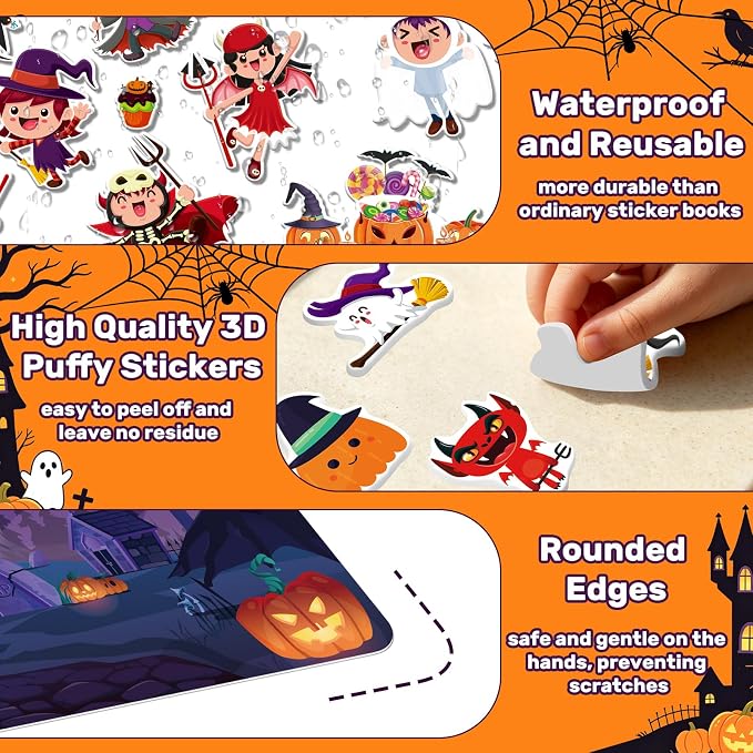 Elfew 3 Pack Halloween Reusable Sticker Books for Toddlers 2-4 | 3D Puffy Sticker Book for Kids Ages 3-5, Halloween Stickers for Kids, Halloween Gifts & Toys for Toddlers