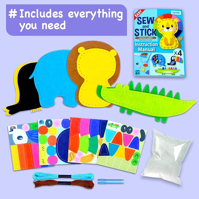 EZCRA Safari Animal Sewing Kit for Kids Ages 4-8 - 4 Felt Projects | Beginner Sewing Craft Kit for Boys and Girls. DIY Arts and Crafts Projects. No Mess Gift for Boys and Girls.