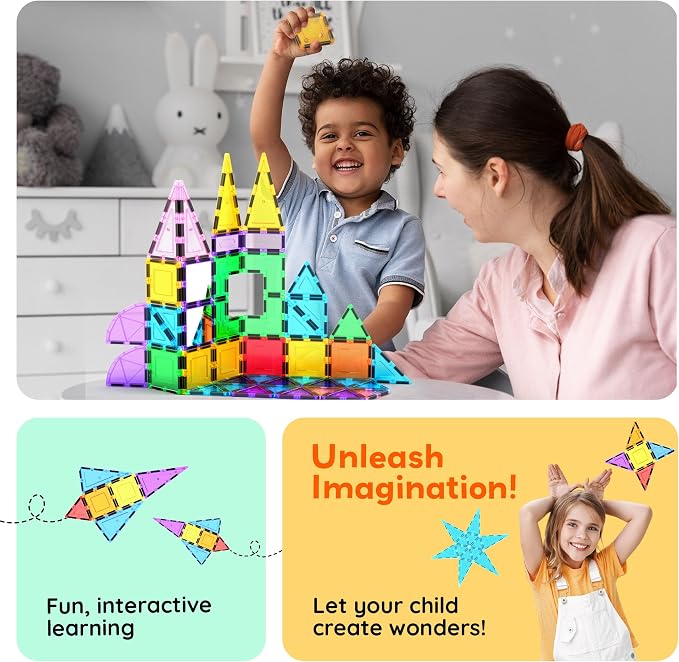 PicassoTiles 152 Piece Magnetic Tiles, Mirror Theme STEM Building Ages 3+ | Reflective finish pieces, connects from any angle, includes bonus car, compact storage case, screen-free sensory play