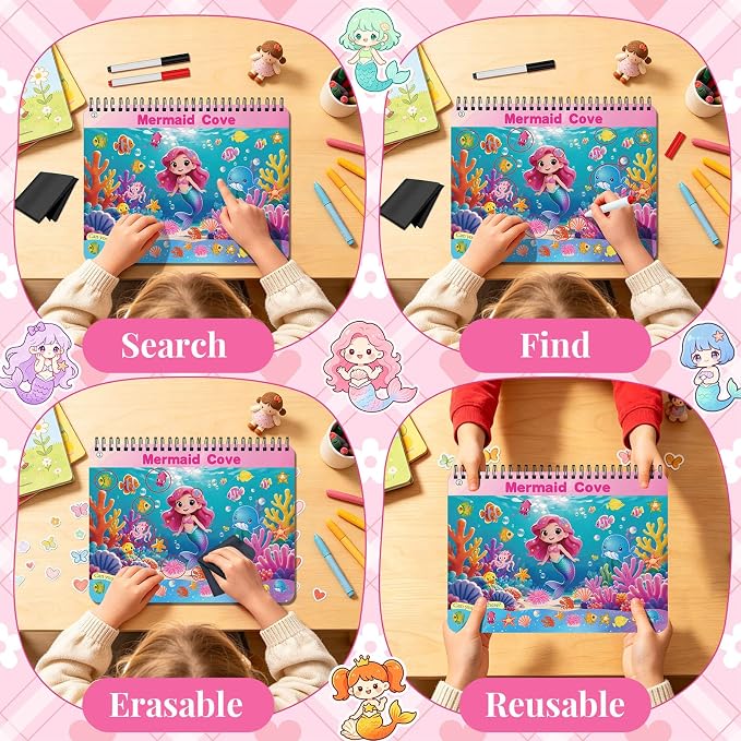 Elfew Search and Find Reusable Activity Book for Girls 3-5, 4-8 | 24 Unique Themed, With 2 Markers, Wipe Cloth & Storage Pouch, Quiet Travel Toy Gift for Toddler Kids 3-8