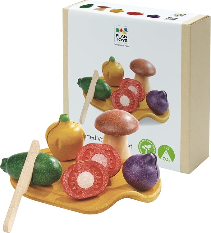 PlanToys® Wooden Assorted Vegetable Set Montessori Play Food for Toddlers | tomato, mushroom, shallot, pepper, cucumber, fruits and vegetables toys, girls, boys, fine motor role play social gift set