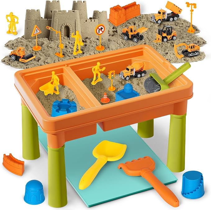 Lehoo Castle Sensory Table with Play Sand 2.6Lbs, Lid, 6 Trucks & Molds | Sensory Bin with Upgraded Adjustable Legs, Construction Kit, Indoor and Outdoor Sand Table Toys for Toddler Boys and Girls