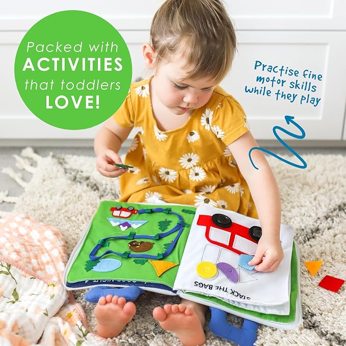 Curious Columbus Away We Go Busy Book, Fabric Travel Activity Quiet Book | 10 Colorful Vacation-Themed Pages, Motor Skill Activities, Sewn-In and Removable Pieces, 3D Pop-Ups, Airplane Travel Toy