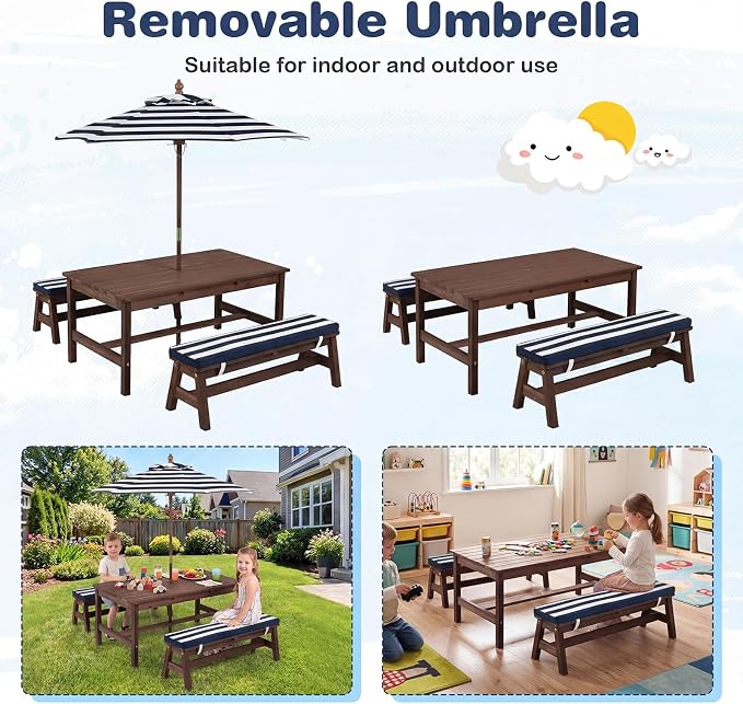 Costzon Kids Picnic Table, Fir Wood Toddler Outdoor Table & Bench Set w/Removable Umbrella & Cushions, Stripe Fabric, Kids Outdoor Furniture for Patio Backyard Garden, Fits 4 Children Age 3+ (Blue)