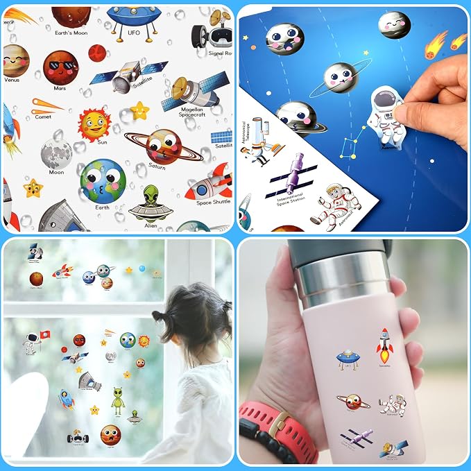 Space Sticker Book Toys, Travel Car Airplane Activities Gifts for Kids | 88 pcs Reusable Sticker,Waterproof Jelly Stickers, Portable Travel Toys,Educational Sensory Learning Toy,Gift for Boy Girl
