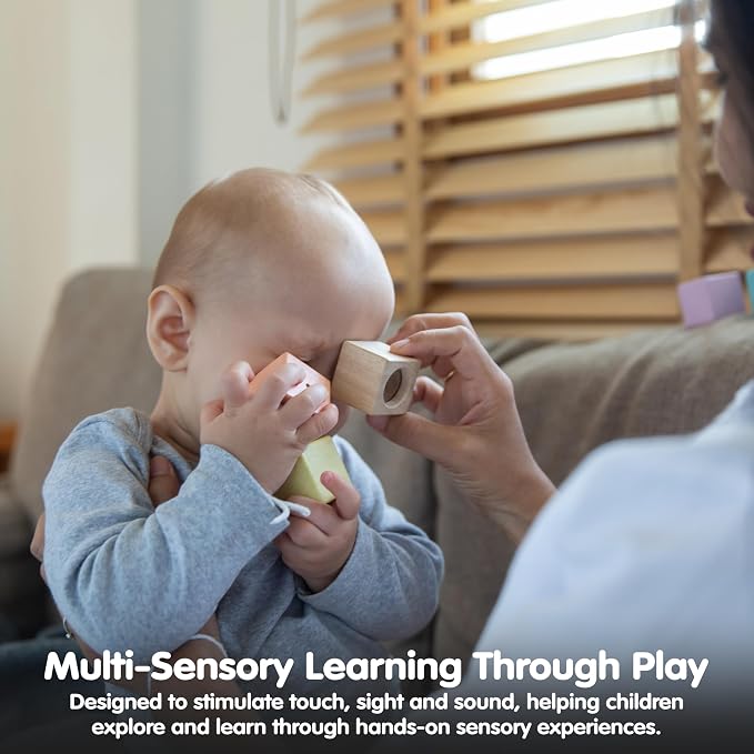 PlanToys® Sensory Blocks Wooden Learning Toy Montessori Kids Educational | tactile shapes, audio pieces, sensory blocks for toddlers 1-3, girls, boys, visual fine motor cognitive gift preschool set