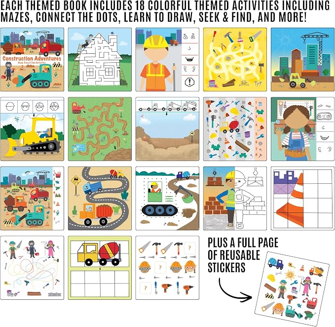 Totebook Dry Erase Activity Book for Kids - 18 Erasable Learning Games with Markers & Reusable Stickers, Travel Activities for Ages 4-6, Fits Case (Construction Theme)