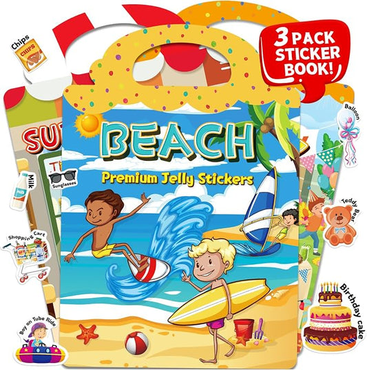 3 Sets of Reusable Jelly Stickers Books - Perfect for 3-6 Year Olds Jelly Stickers Books - Airplane and Car Travel Toys Educational Gifts for Boys and Girls (Beach+Supermarket+Party)