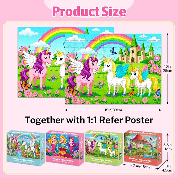 100 Piece Puzzles for Kids Ages 4-6 6-8 8-10, 4-Pack Princess Fairy Mermaid Unicorn Jigsaw Puzzles 100 Pieces Kids Puzzles Ages 3-5 4-6 5-8, Learning Toys Educational Gifts for Girls Boys 15x10 in
