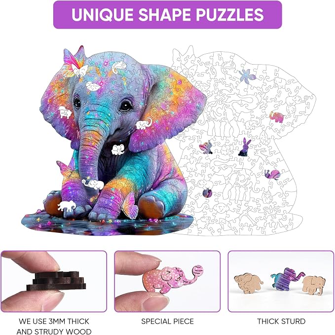 MEATRN Wooden Jigsaw Puzzles, Animal Puzzles for Adults & Kids, 491 Pcs | Colorful Baby Elephant with Butterflies, Educational Brain Teaser Gift and Home Art Decor, 16.3x16.7 in