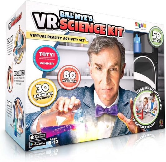 Abacus Brands Bill Nye's VR Science Kit - Kids STEM Set, Gift Ages 8-12 | 30 Hands-on Experiments, 50-Piece Activity Lab, 80-pg Interactive Book, Virtual Reality Goggles Incl., Chemistry & Physics