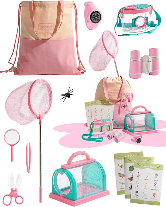 ROBUD Upgraded Bug Catcher for Kids, Bug Catching Kit with Bag Kit, Pink Outdoor Exploration Set for Camping, Montessroi Toy for Kids Coming Closer to Nature，WRP59