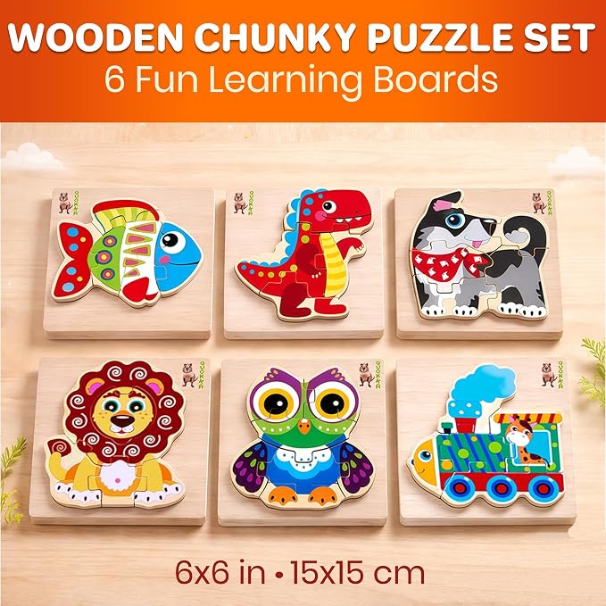 QUOKKA Wooden Puzzles for Toddlers 1-3 – 6XSET Chunky Toddler Puzzles Ages 2-4 – Montessori Animal Toy for Kids 3-5 Year Old – Wood Games Gift for Boys & Girls