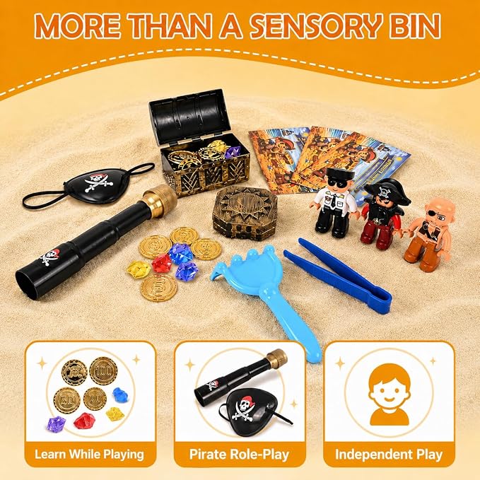 Pirate Treasure Chest Sensory Bin for Kids with Sensory Sand | Includes pirate figures, gems, coins and challenge cards for fine motor skills, counting activities Gifts for kids ages 3-6