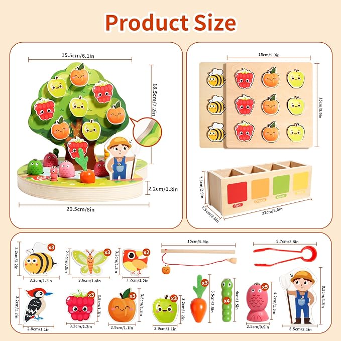INIFEIDALA Montessori Toys for 3 4 5 Year Olds | Birthday Gifts for Kids | Wooden Educational Toddler Toys, Shape Sorting, Carrot Harvest & Magnetic Fishing Game – Fine Motor Skills Development