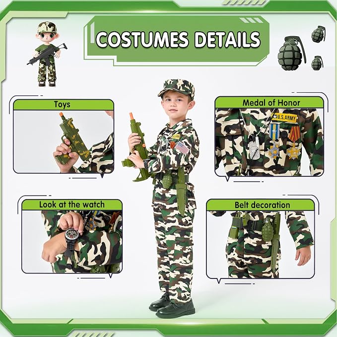 16PCS Kids Halloween Soldier Costume, Military Outfit with Accessories | Halloween Soldier Costume • 16PCS Military Set • Toy Accessories Included • Realistic Role Play • Ages 3-12