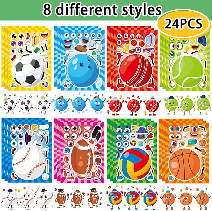 24 Sheets Make a Face Sport Ball Stickers for Kids Party Favors | Make Your Own Sport Stickers Birthday Decorations Supplies, Toddlers Crafts Activities Gifts Goodie Bags Stuffers