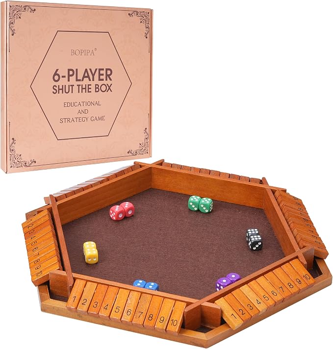 Shut The Box Dice Game – Vintage Wooden Board for 1-6 Players | Classic Strategy & Tabletop Game For Adults & Kids. Fun For Family, Classroom, Home, Party, Or Pub. Vintage Wooden Board Game